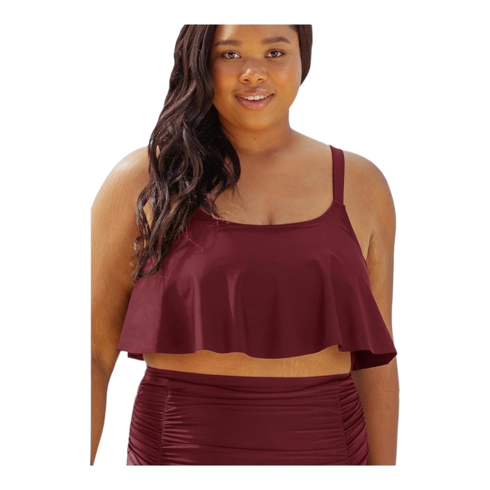 SHOPERMINT Ruffled Bikini Top - Swim Top Swimwear Burgandy Small